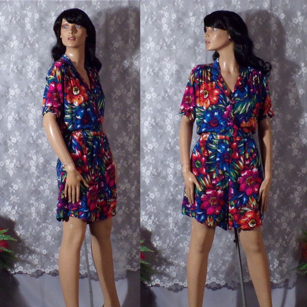 Vintage 90s Tropical Romper Size Medium 1990s Retro Colorful Beachy Vacation
